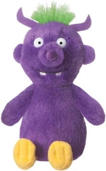 Purple plush toy with yellow feet and a green tuft on a white background