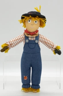 Scarecrow doll with a checkered shirt, blue overalls, and yellow hat on a white background
