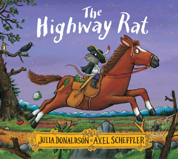 Book cover of 'The Highway Rat' with a rat on a horse against a starry night sky.