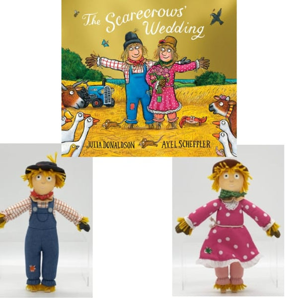 Illustrated book cover of 'The Scarecrow's Wedding' with two toy figures of a scarecrow and a girl in front.