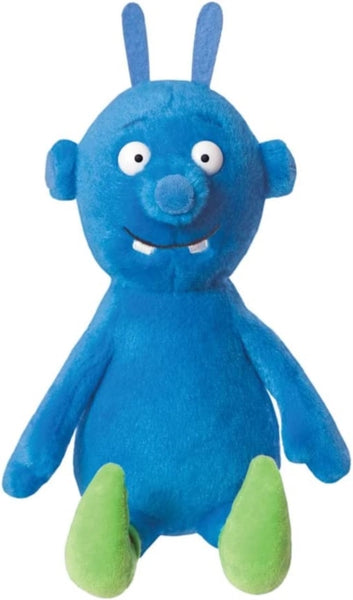 A soft blue toy resembling a character from a children's book, with a smiling face and green feet.