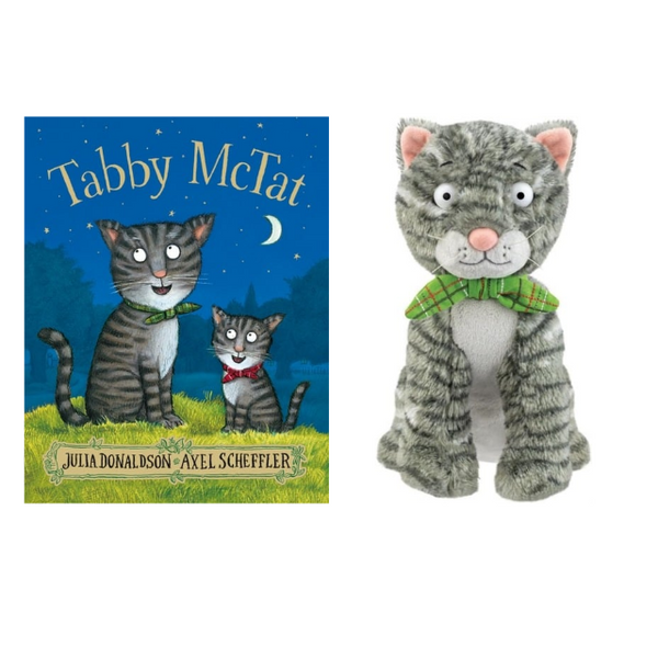 Plush cat toy next to the book 'Tabby McTat' on a white background
