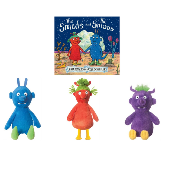 Three colorful plush toys in front of a book titled 'The Smeds and The Smoos'.