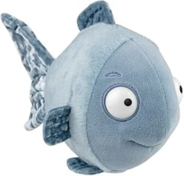 Blue plush fish toy on a white background