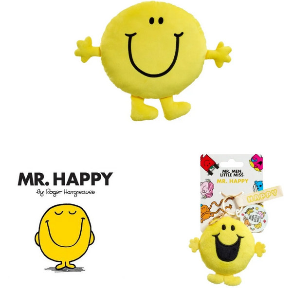 Mr Happy Keychain, Book and Cushion Gift Set