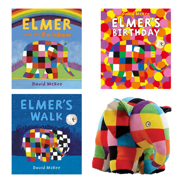 A set of books and a soft toy elephant with multicolored patches, all part of the Elmer series by David McKee.